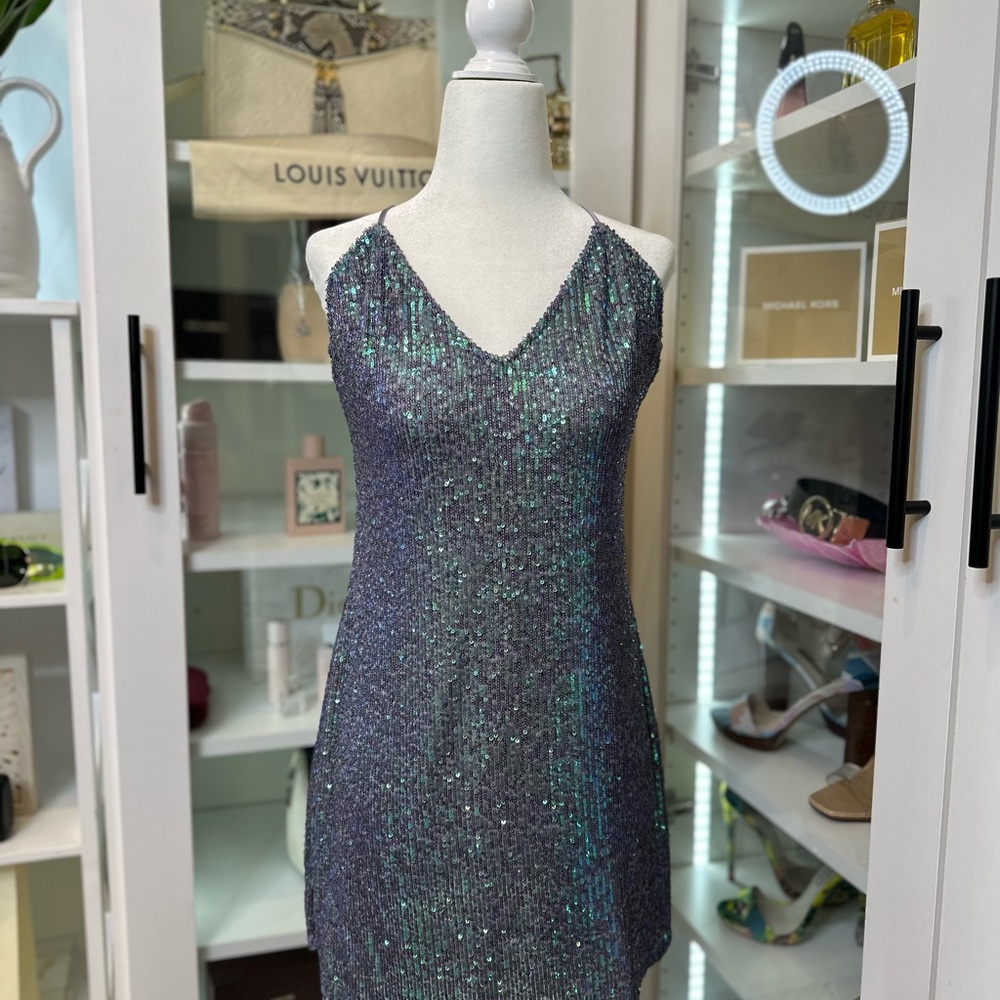 Sequin Halter Dress in Blue and Silver